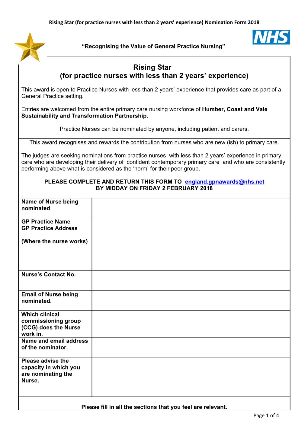 Rising Star (For Practice Nurses with Less Than 2 Years Experience)Nomination Form 2018