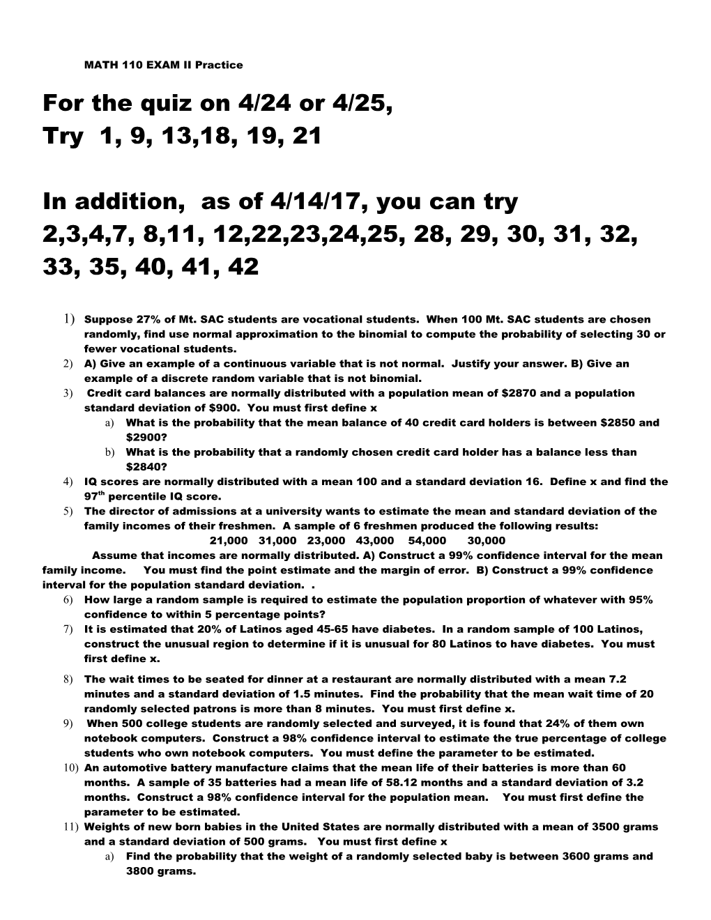 MATH 110 EXAM II Practice