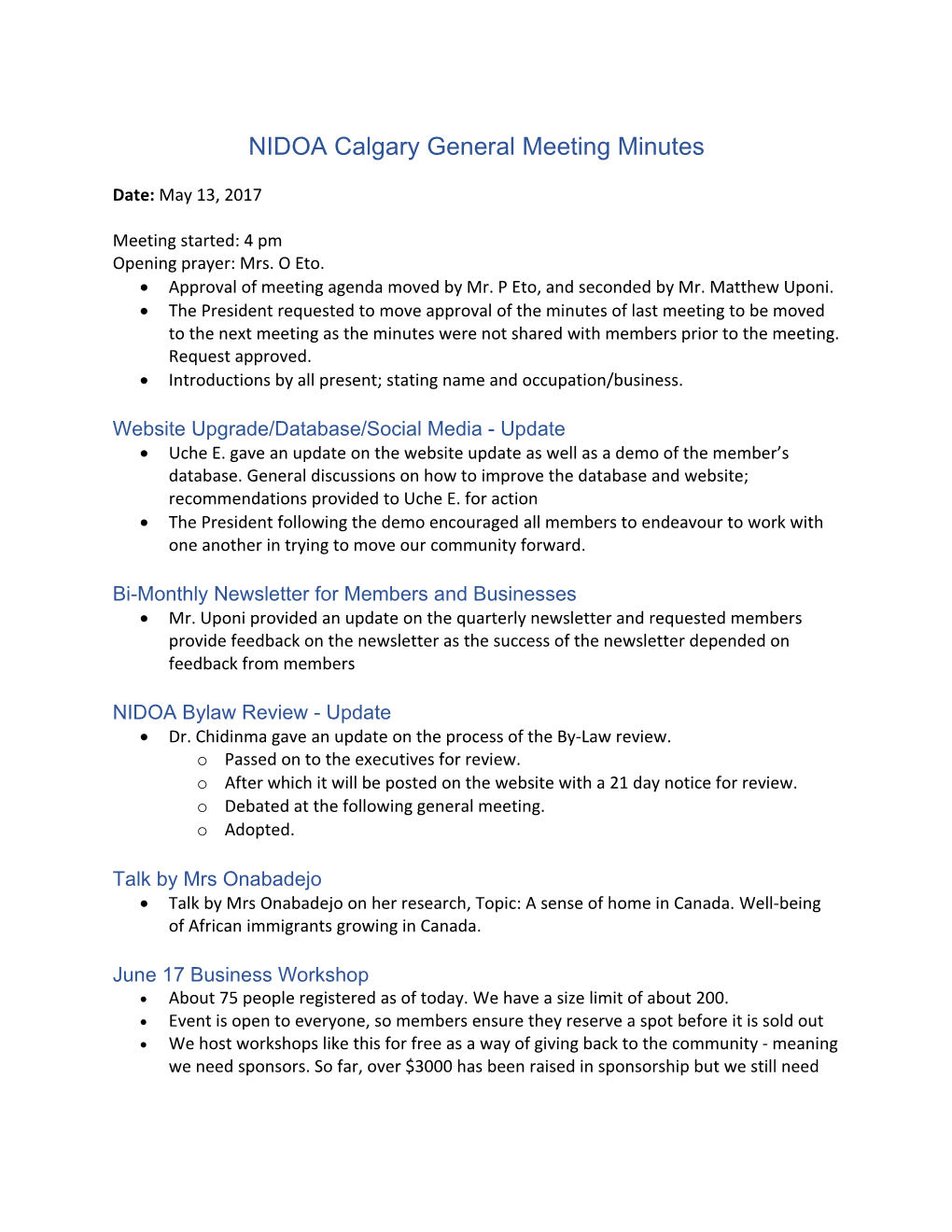 NIDOA Calgary General Meeting Minutes