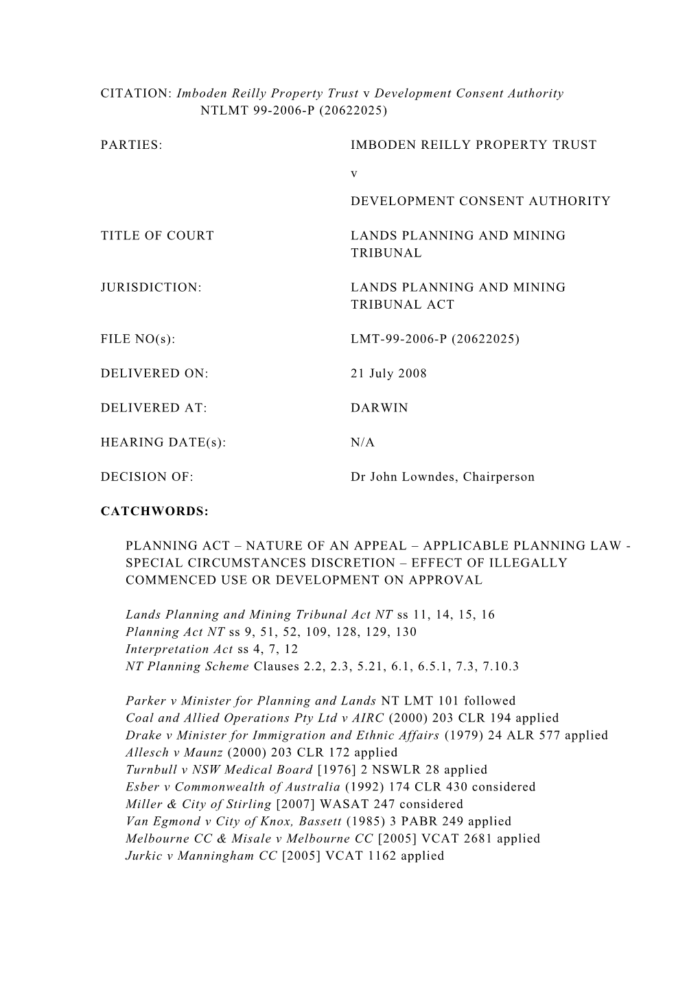 CITATION: Imboden Reilly Property Trust V Development Consent Authority