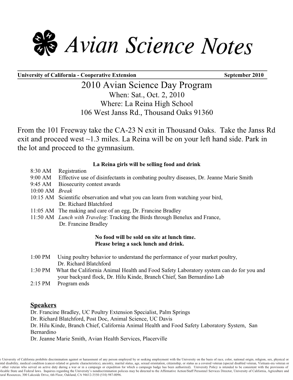 2010 Avian Science Day Program