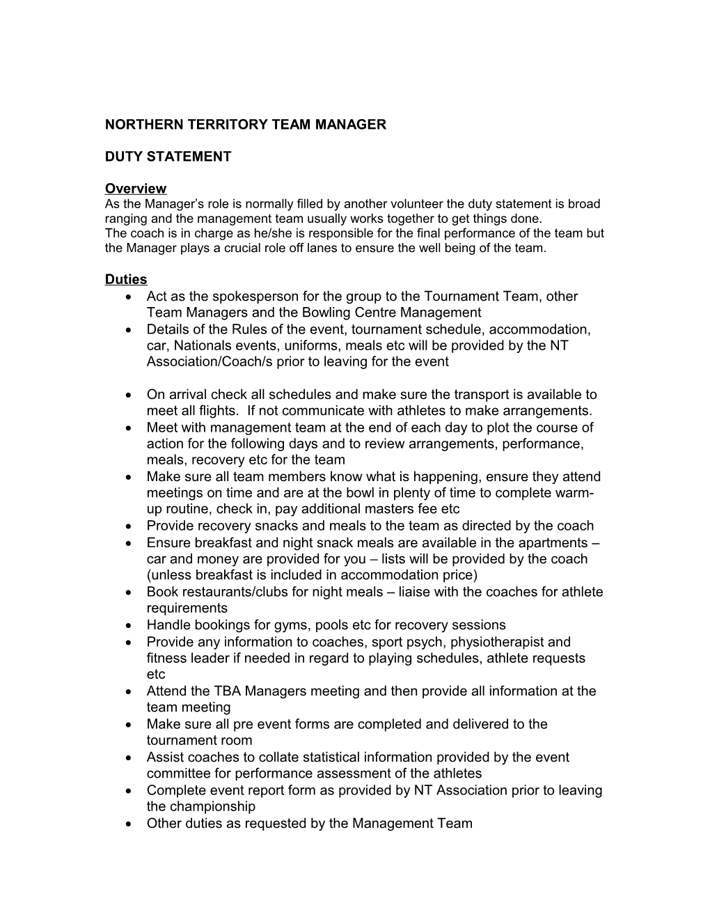 Northern Territory Team Manager