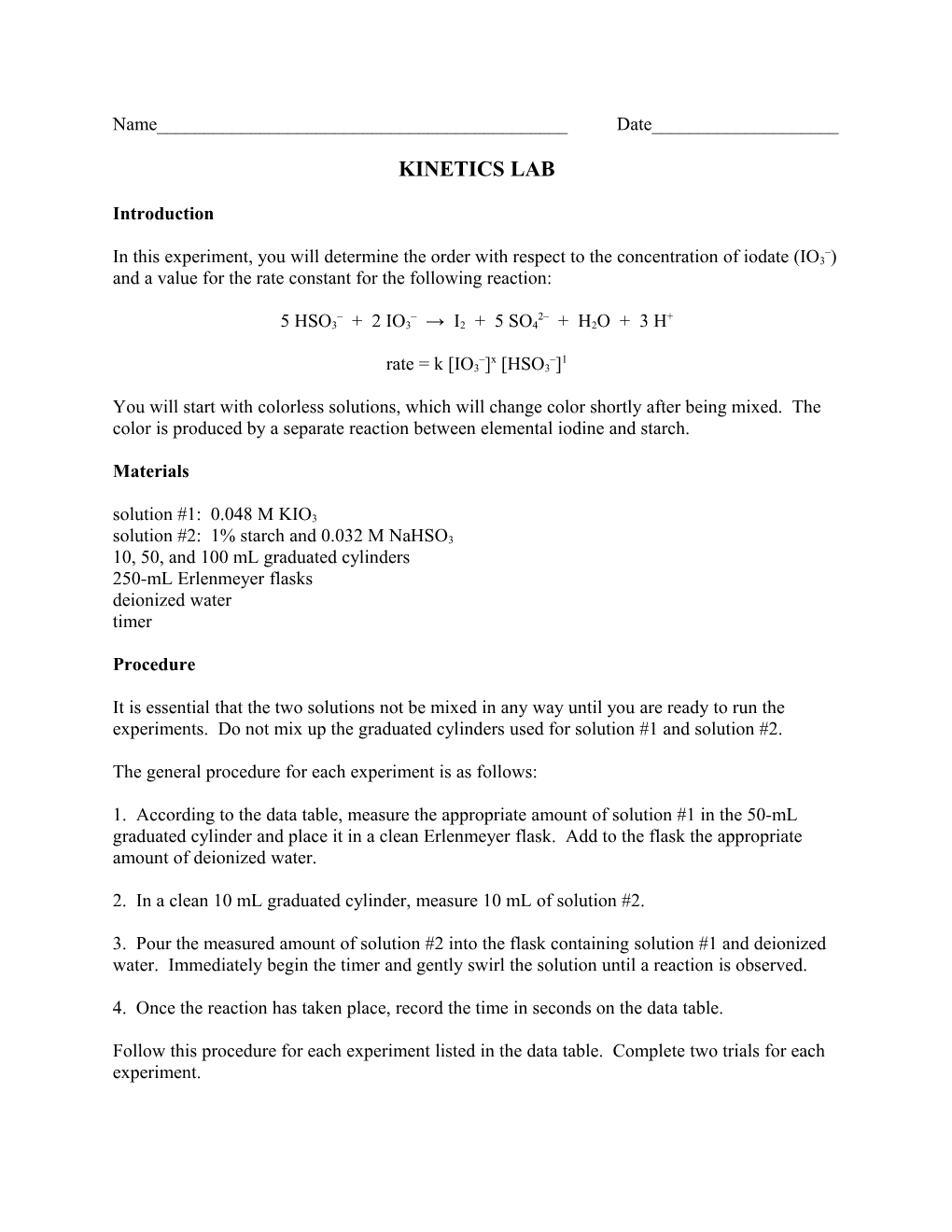 In This Experiment, You Will Determine the Order with Respect to the Concentration of Iodate