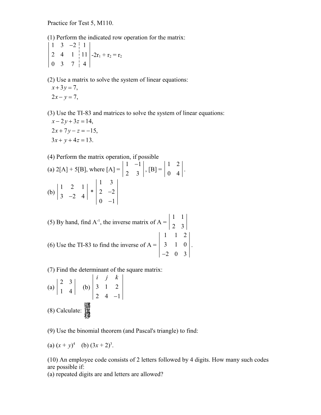 Practice for Test 5, M110