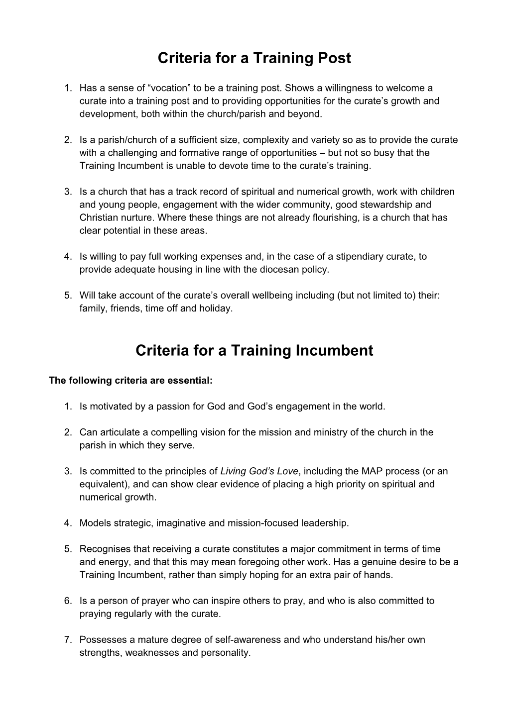 Criteria for a Training Post