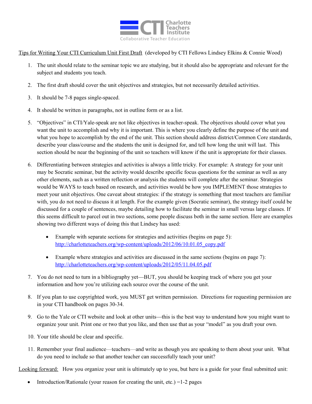 Tips for Writing Yourcti Curriculum Unit First Draft (Developed by CTI Fellows Lindsey