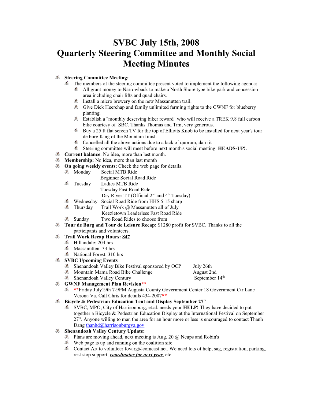 Quarterly Steering Committee and Monthly Social Meeting Minutes