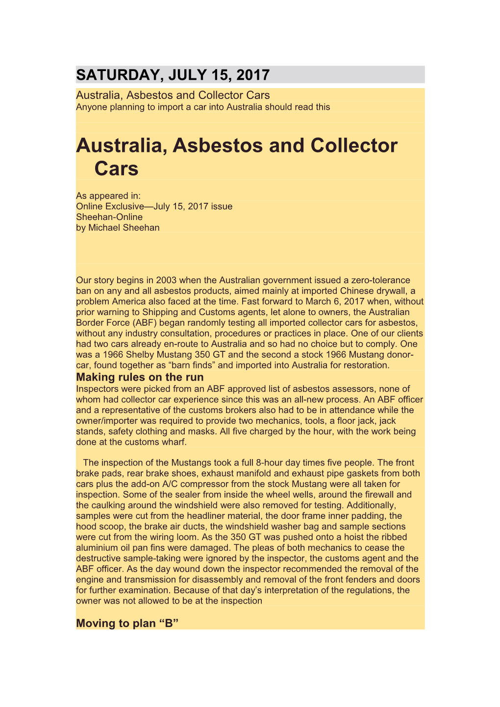 Australia, Asbestos and Collector Cars