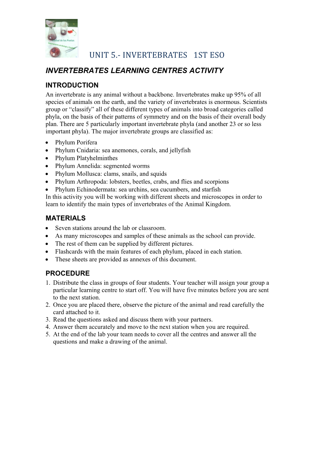 Invertebrates Learning Centres Activity