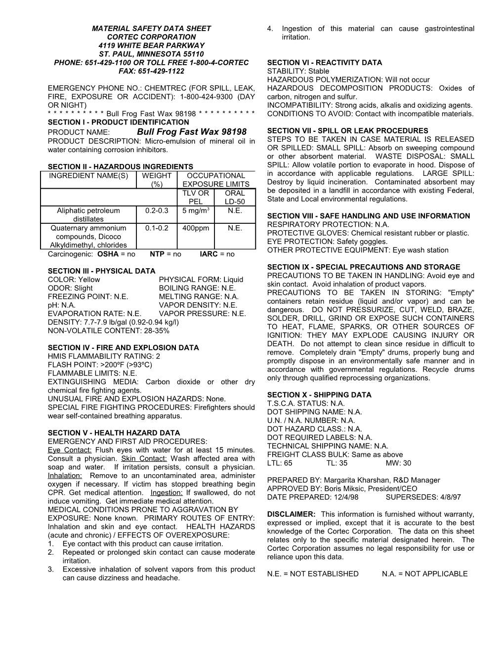 Material Safety Data Sheet s93