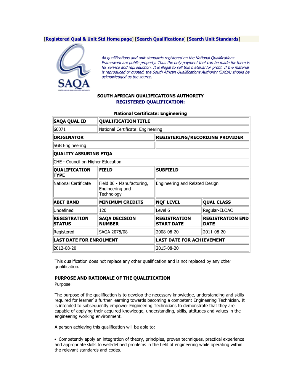 Registered Qual & Unit Std Home Page Search Qualifications Search Unit Standards
