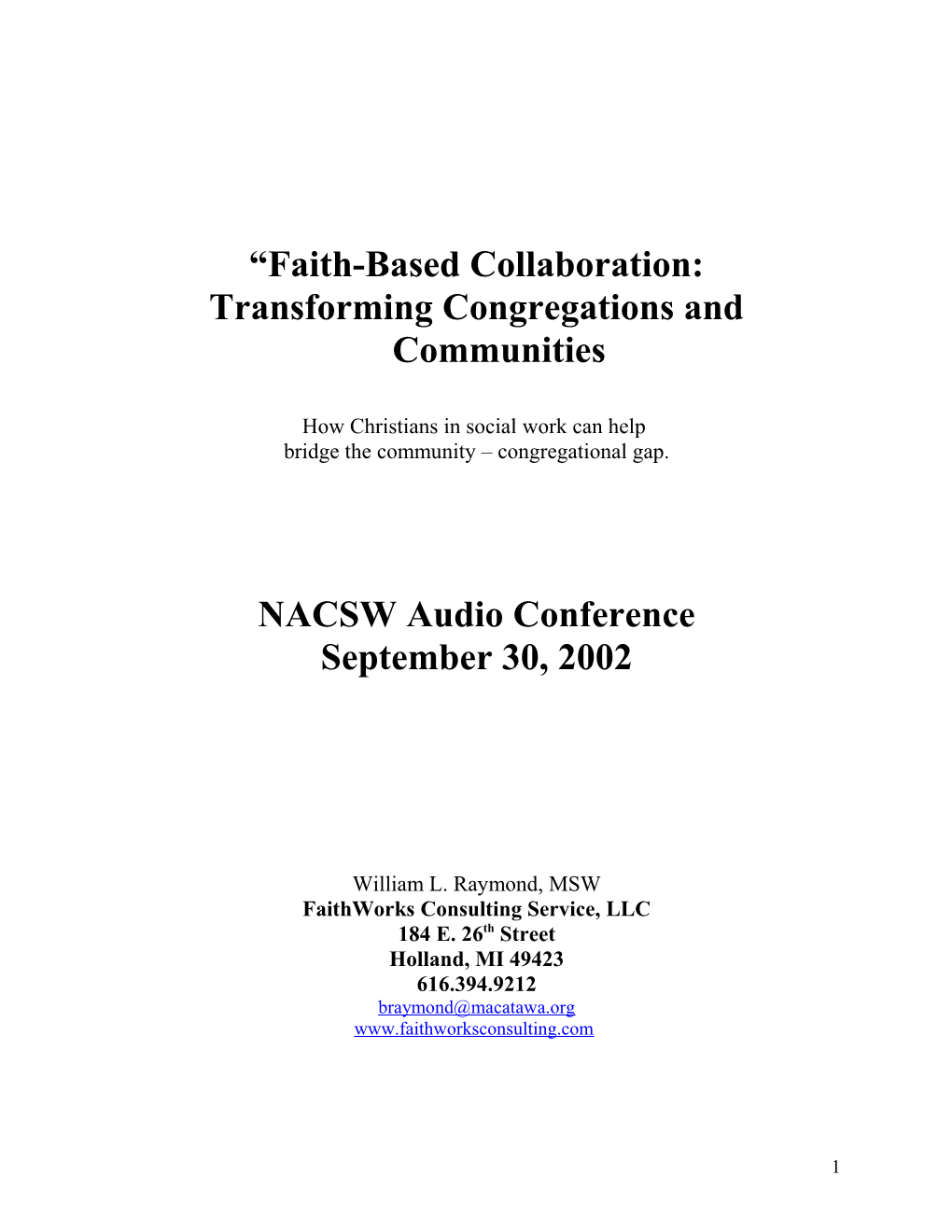 Transforming Congregations and Communities