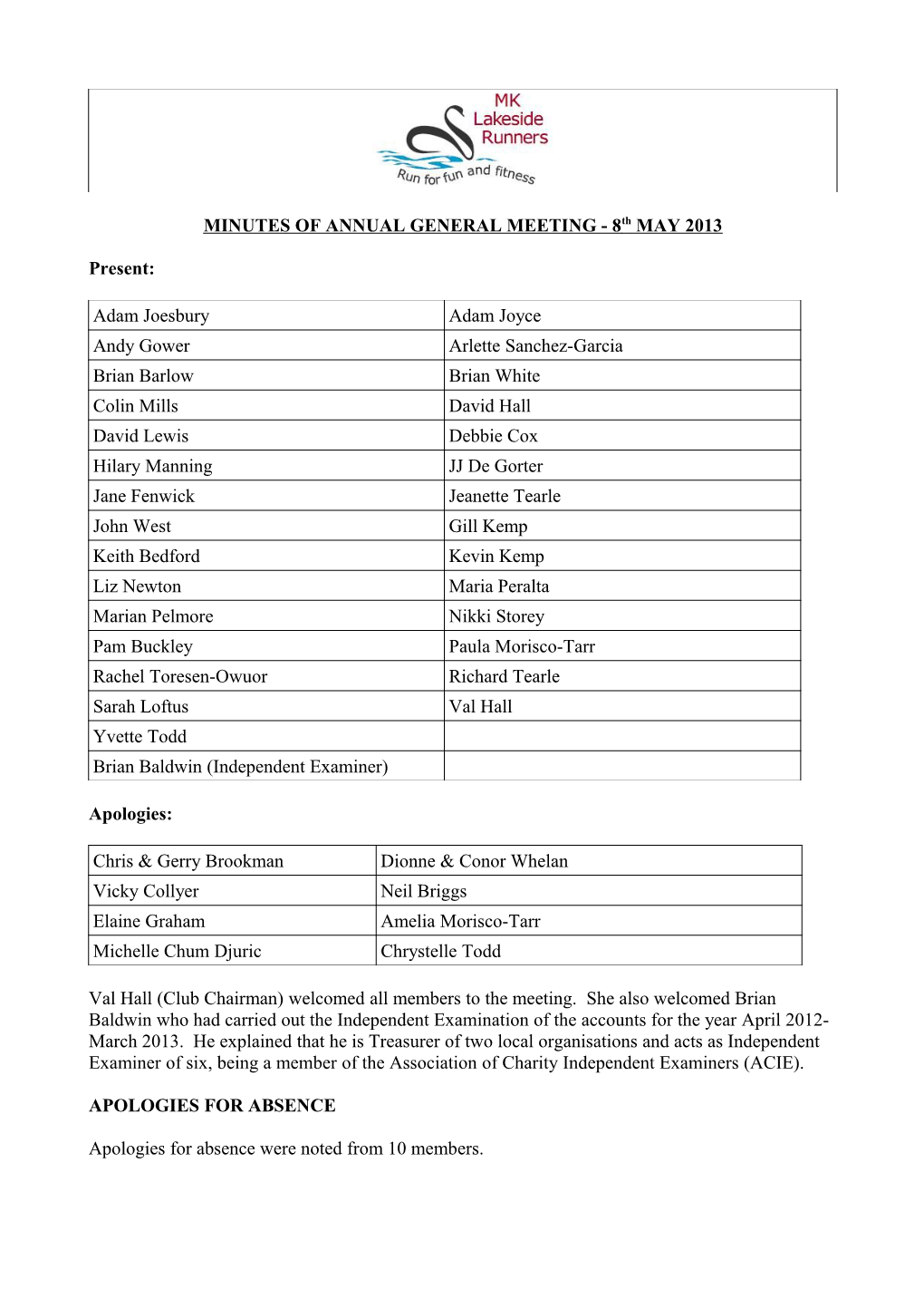 MINUTES of ANNUAL GENERAL MEETING - 8Th MAY 2013