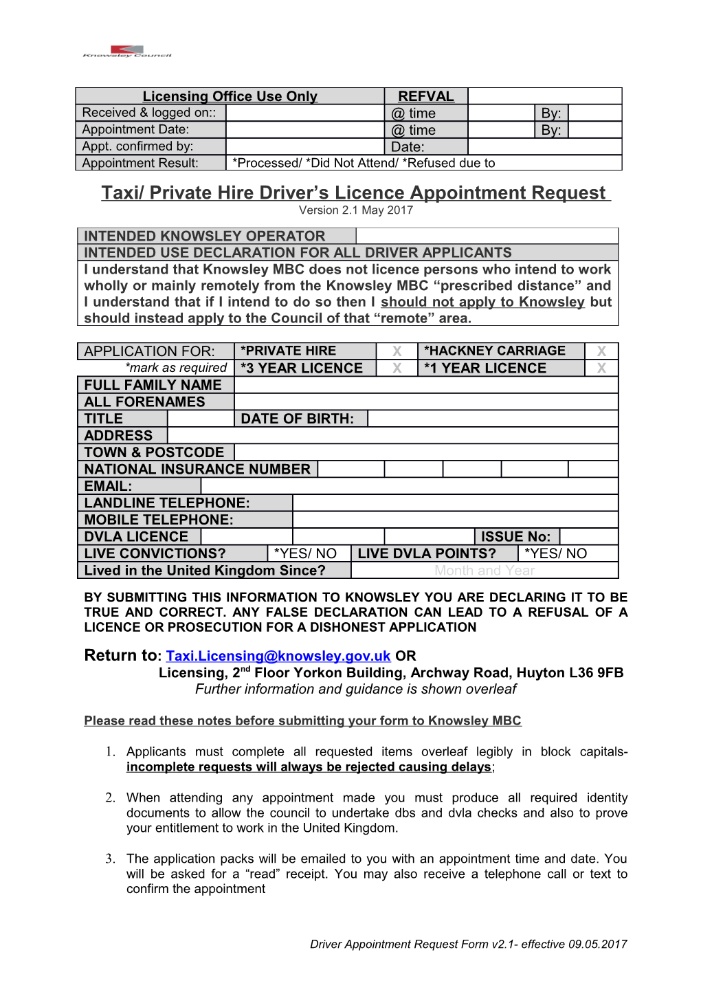 Taxi/ Private Hire Driver S Licence Appointment Request