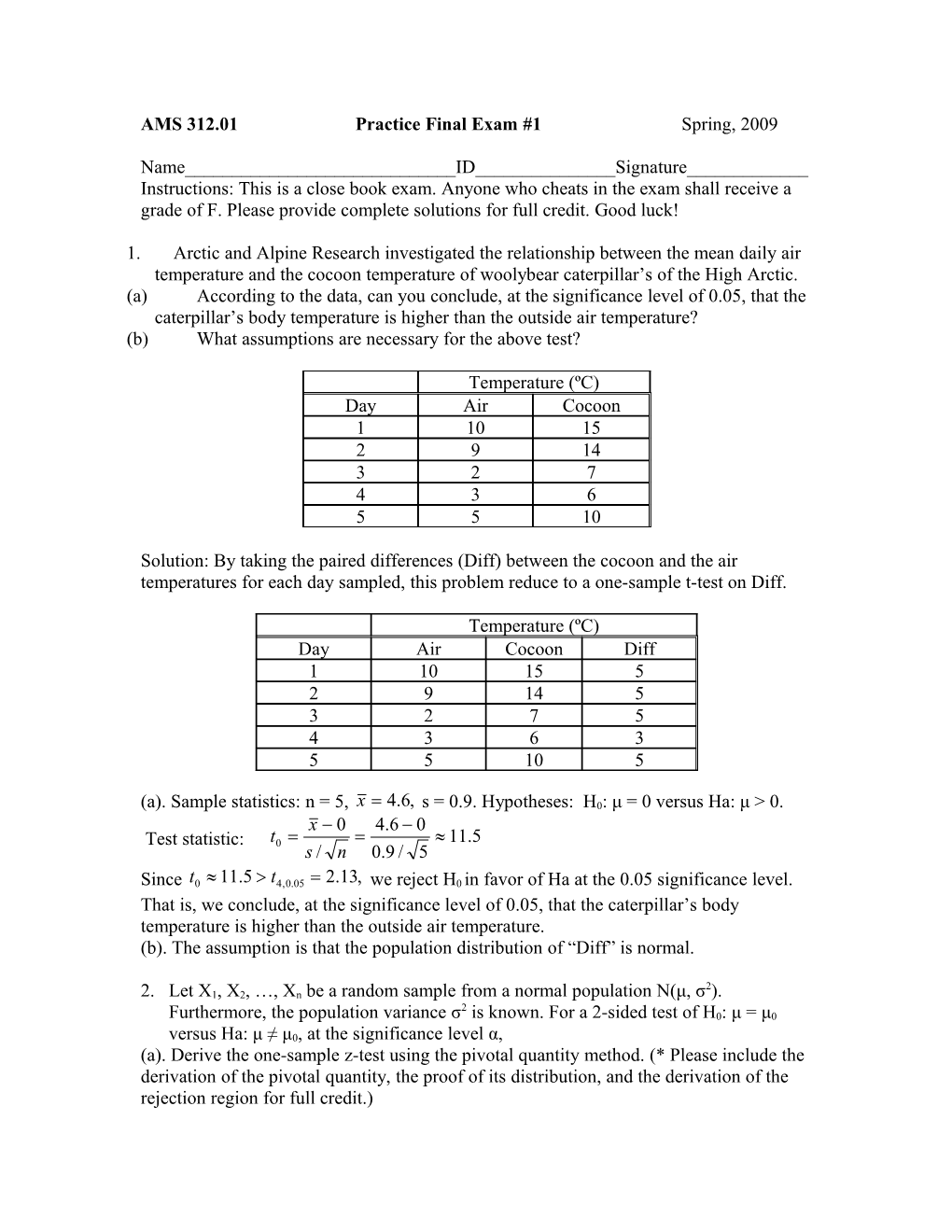 AMS 312.01 Practice Final Exam #1 Spring, 2009