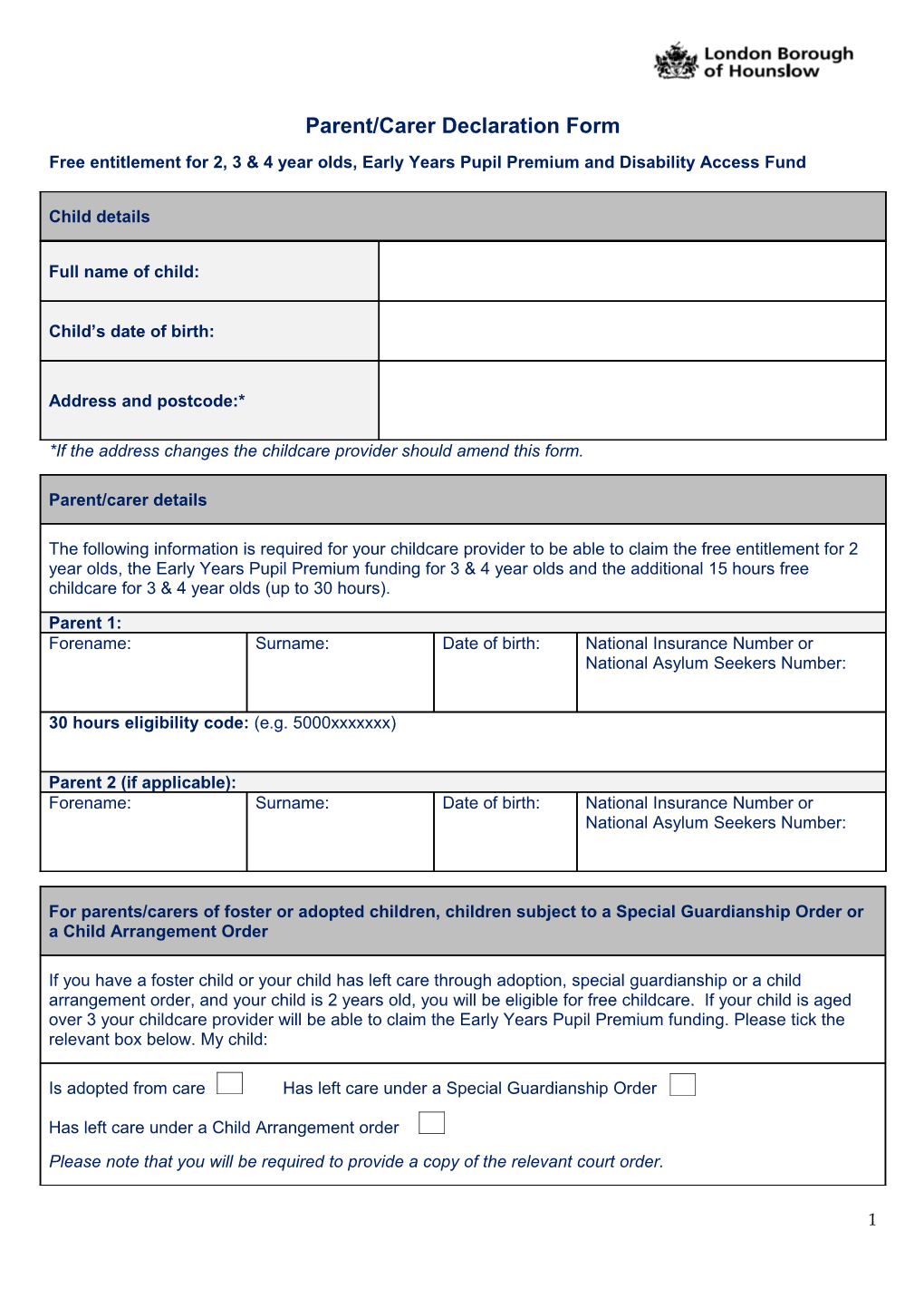 Parent/Carer Declaration Form