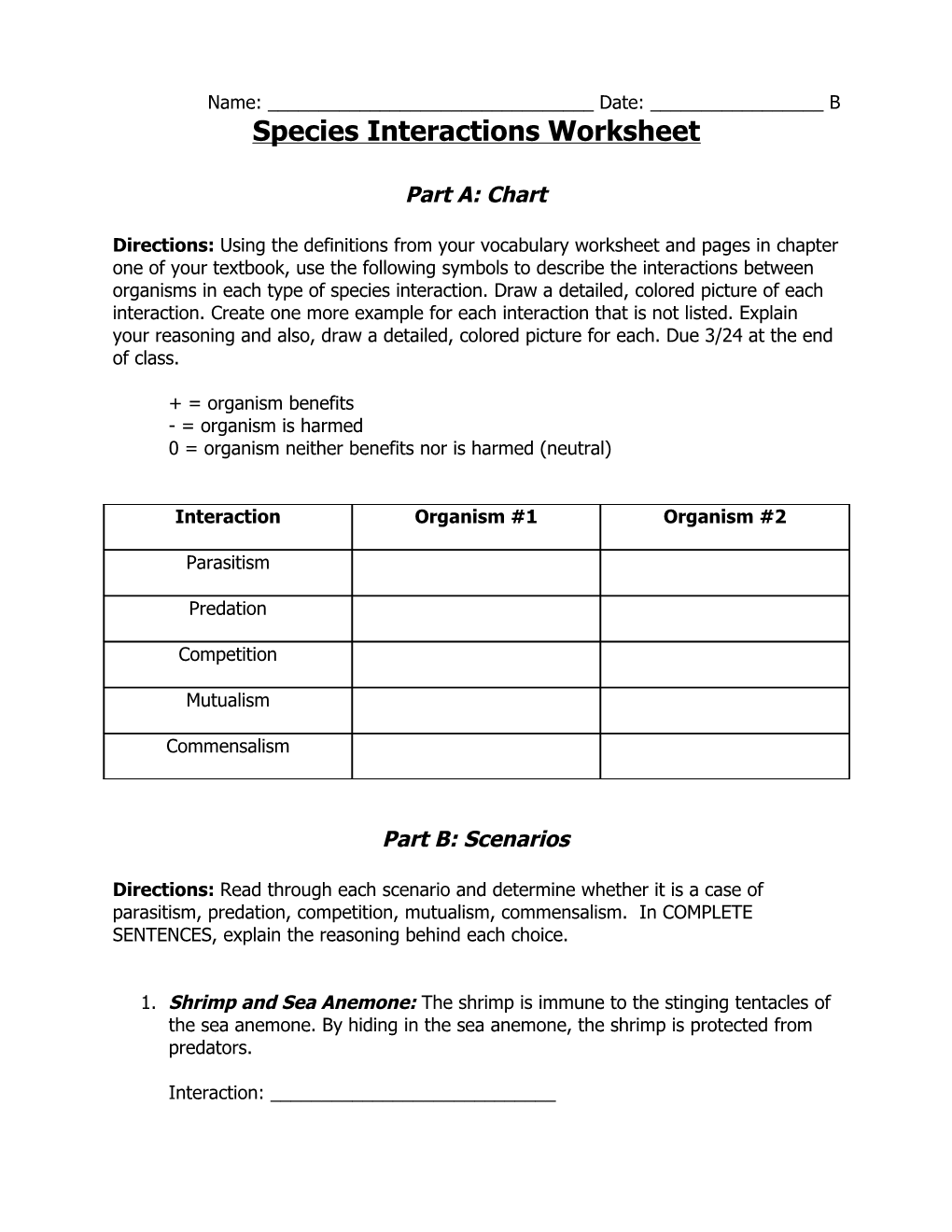 Species Interactions Worksheet