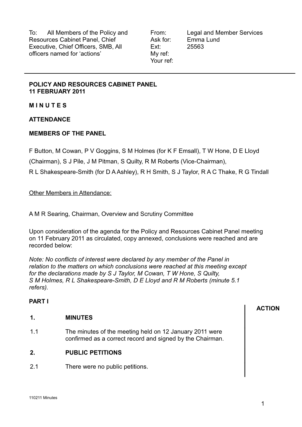 Minutes of a Meeting of the Policy and Resources Cabinet Panel Held on Friday 11 February