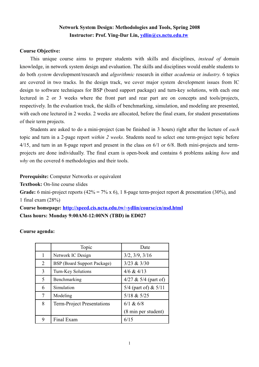 Syllabus of Queuing Theory, Fall 2005