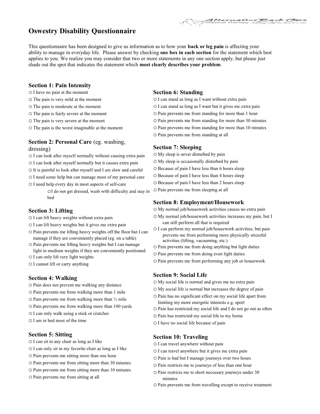 Oswestry Disability Questionnaire