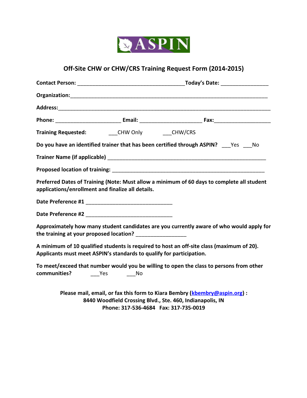 Off-Site CHW Or CHW/CRS Training Request Form (2014-2015)
