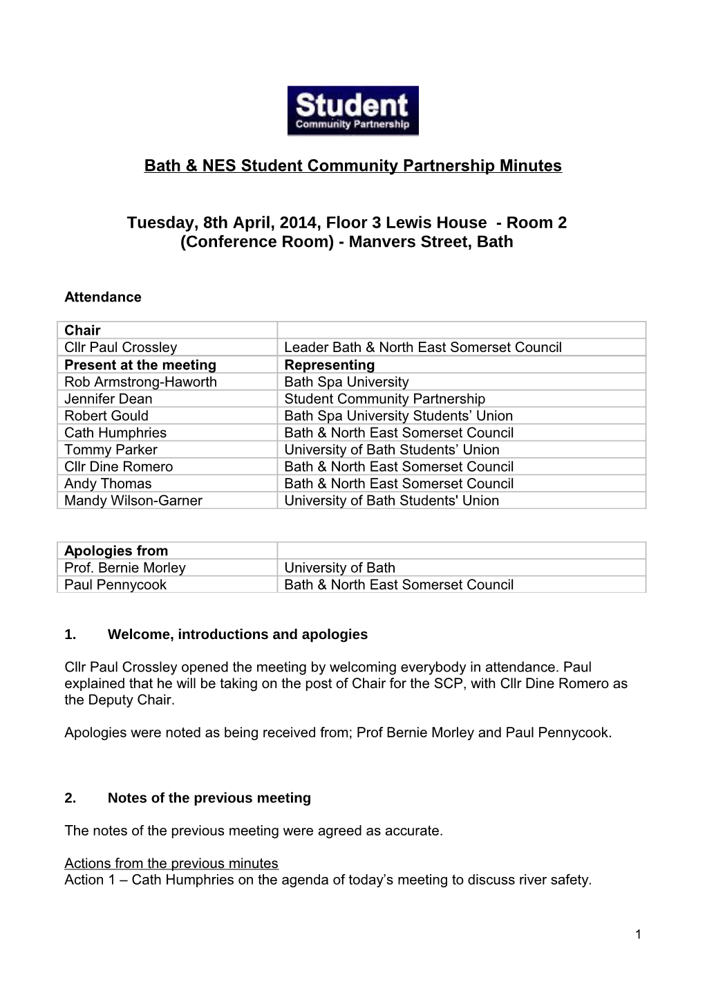 Bath & NES Student Community Partnership Minutes
