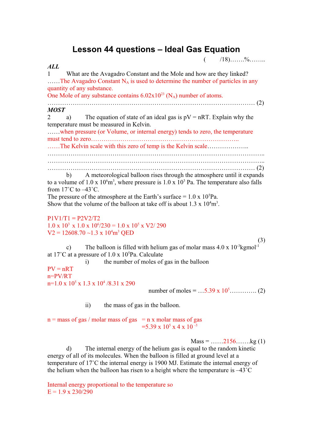 Lesson 11 Questions Ideal Gas Equation