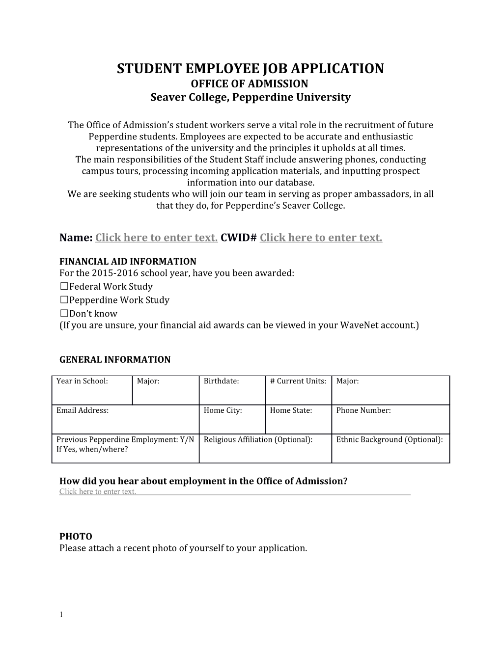 Student Employee Job Application