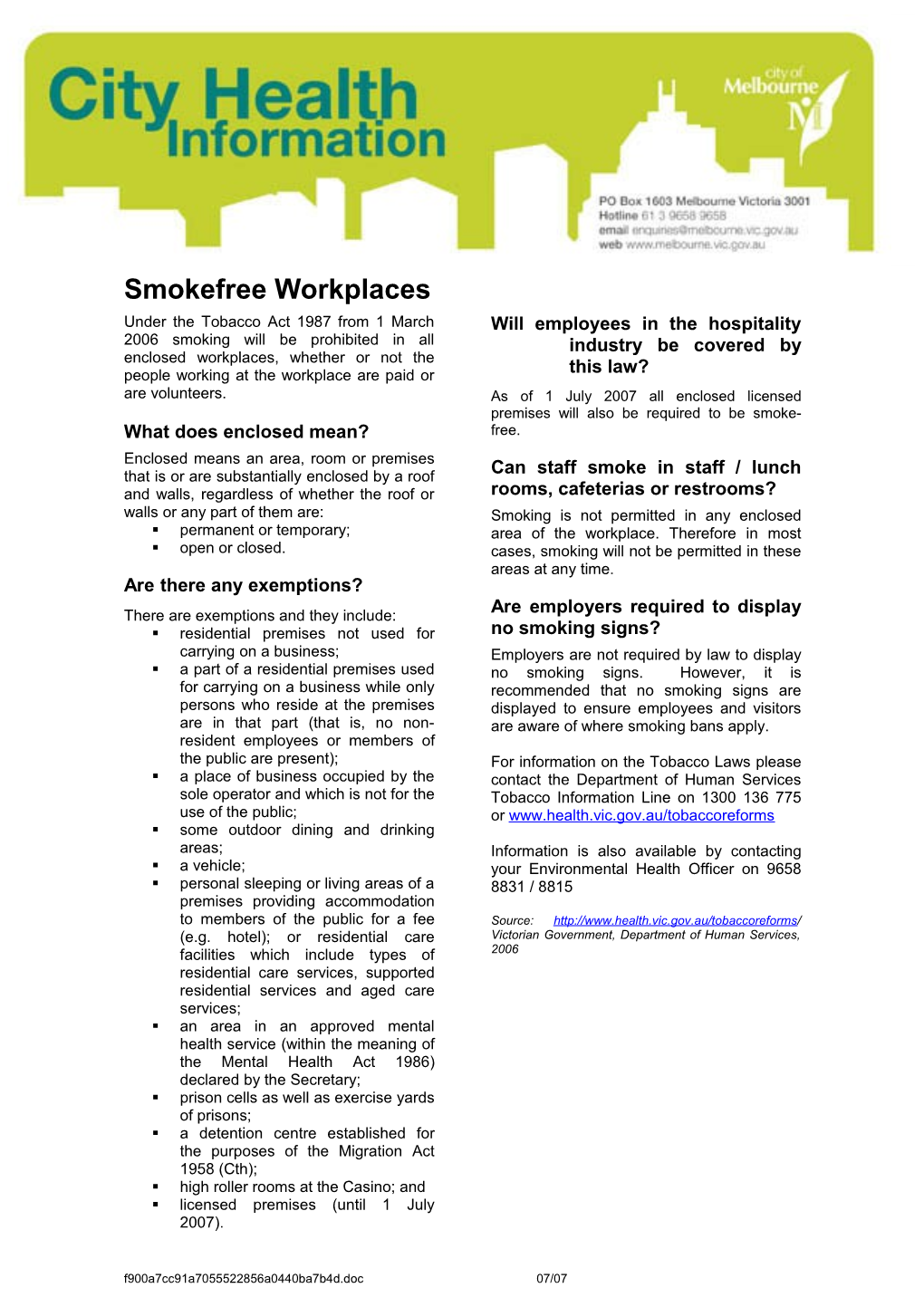 COM SERVICE PROD-#3654965-V2-Tobacco Fact Sheet - Smokefree Workplaces 07/07