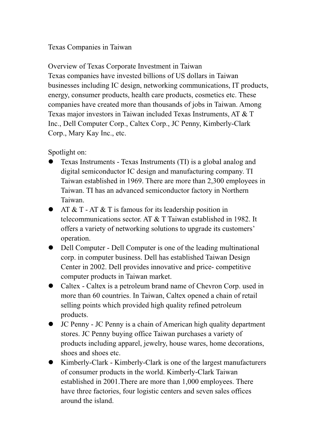 Taiwan Companies in the Texas