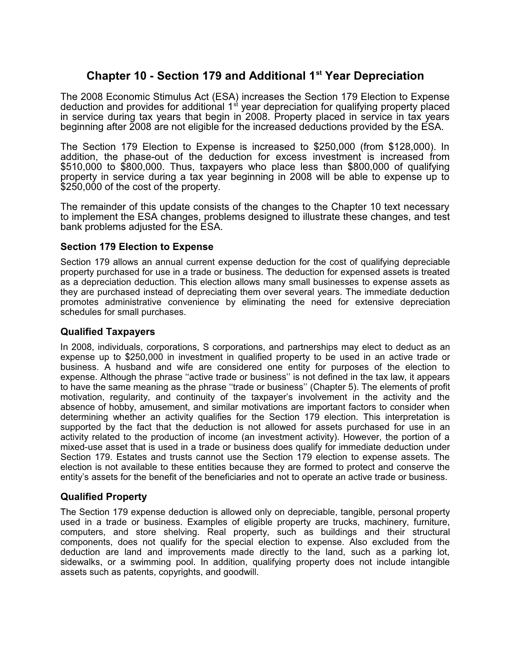 Chapter 10 - Section 179 and Additional 1St Year Depreciation