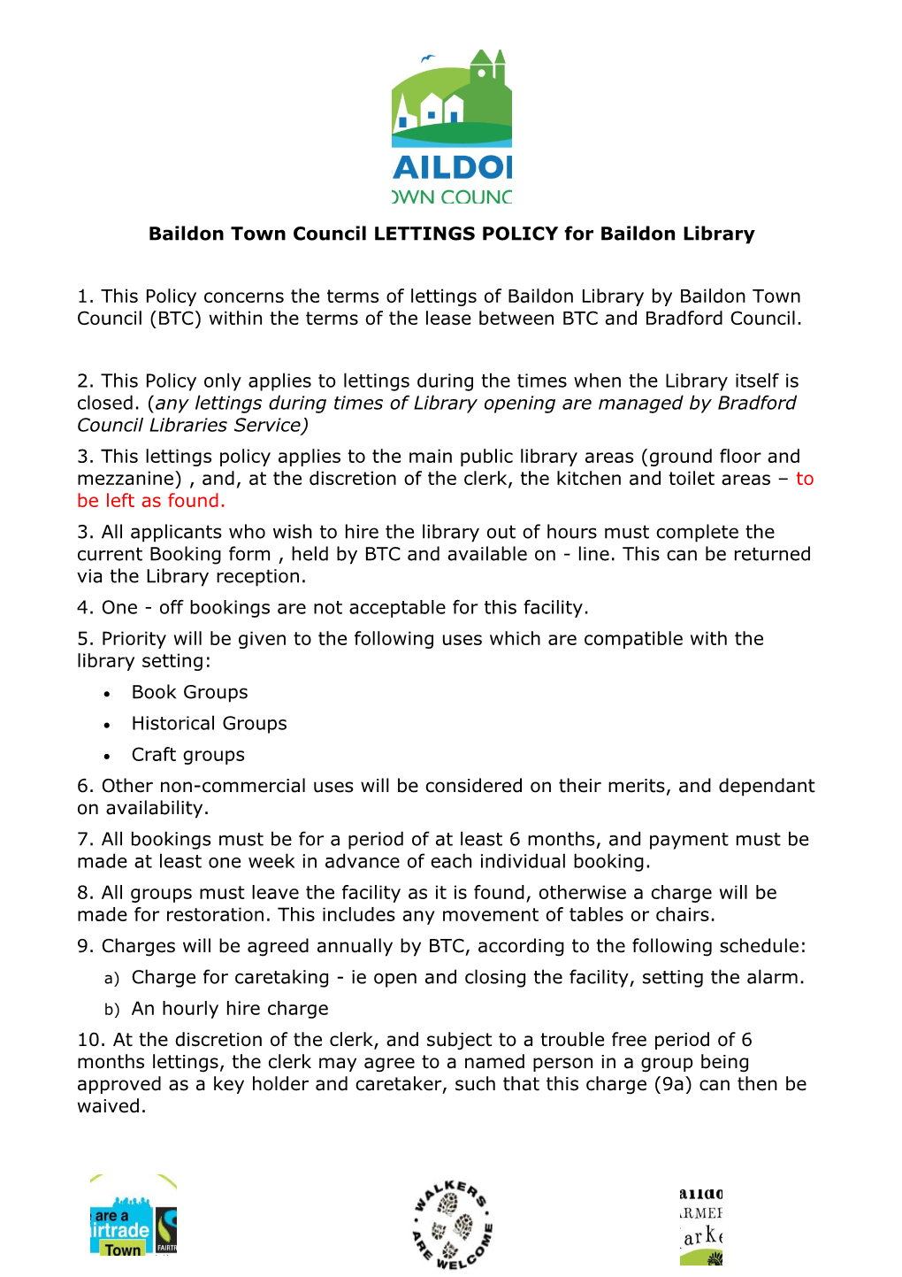 Baildon Town Council LETTINGS POLICY for Baildon Library