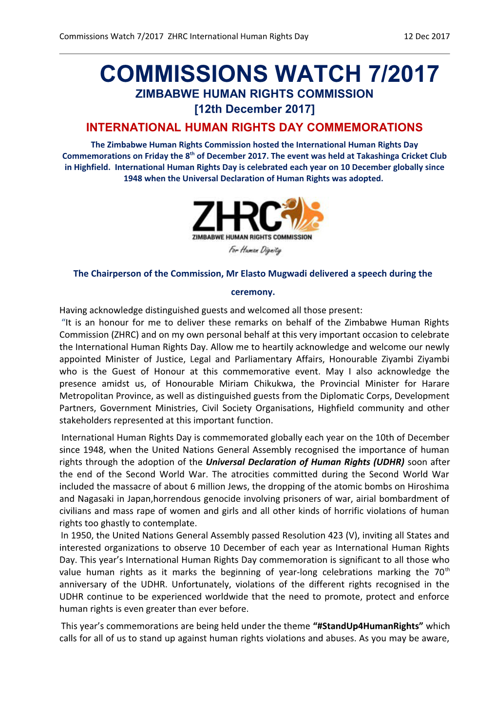 Commissions Watch 7/2017 ZHRC International Human Rights Day12dec2017