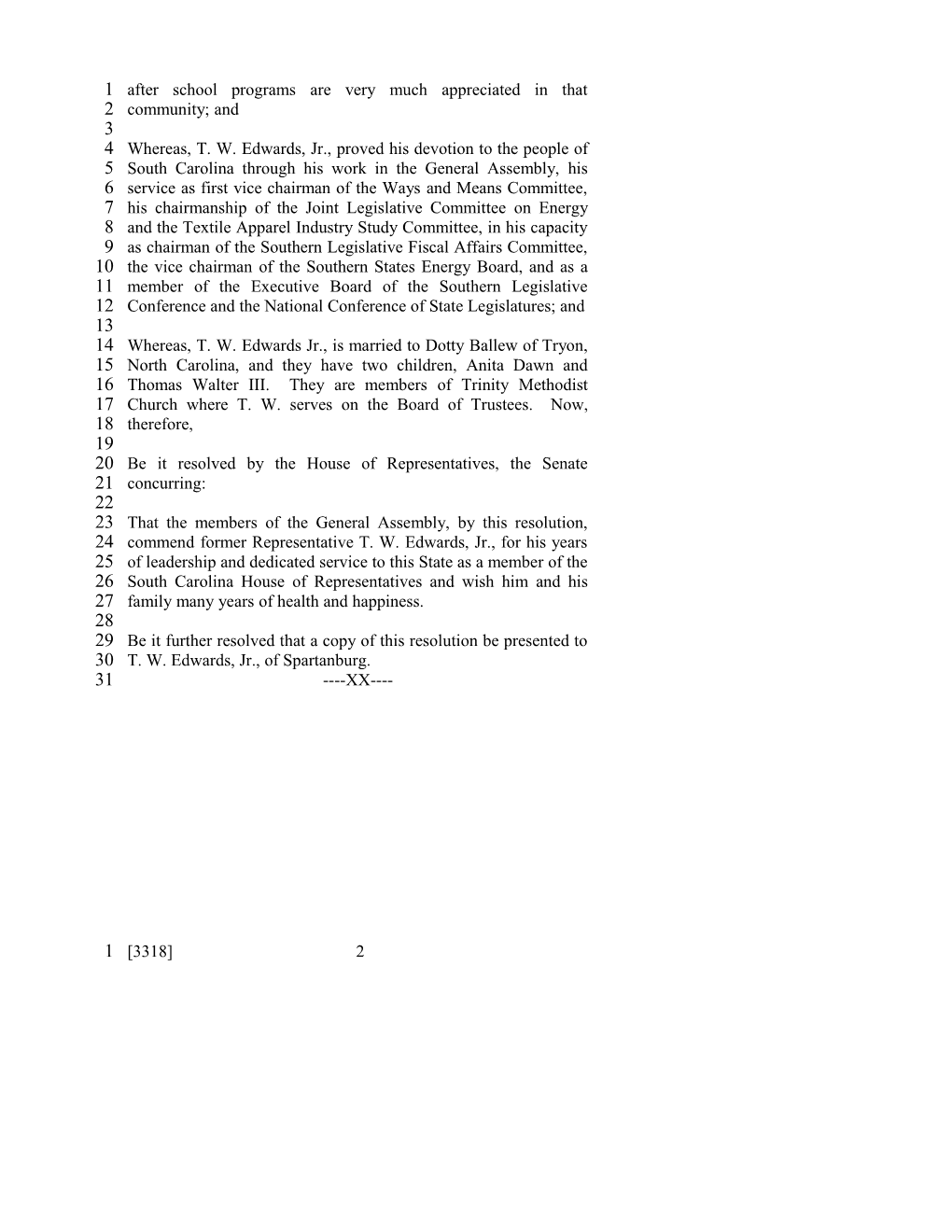 2001-2002 Bill 3318: Representative T.W. Edwards, Jr., Resolutions - South Carolina Legislature