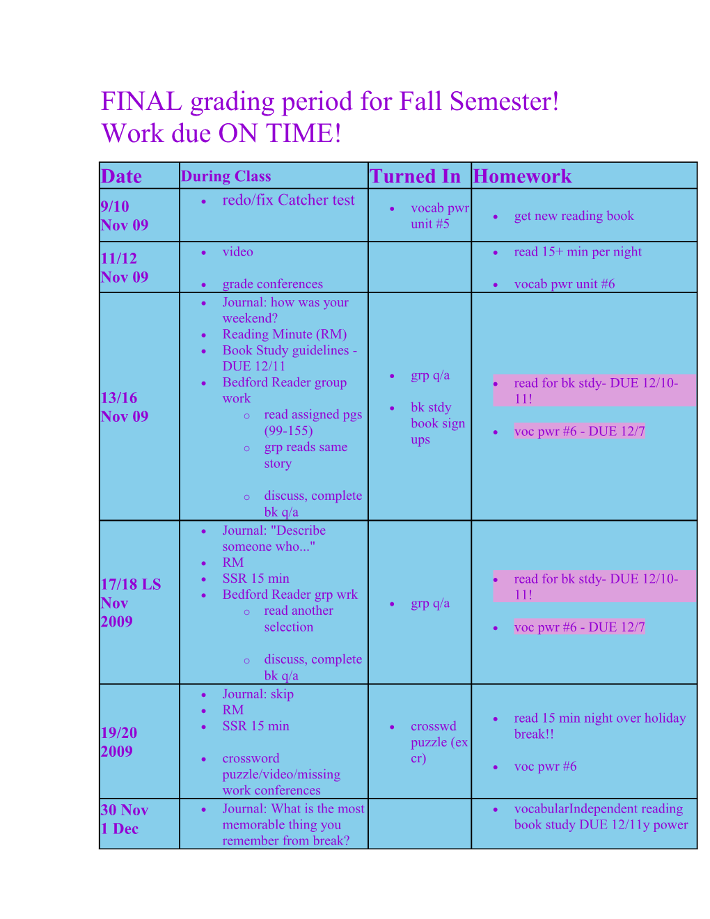 FINAL Grading Period for Fall Semester