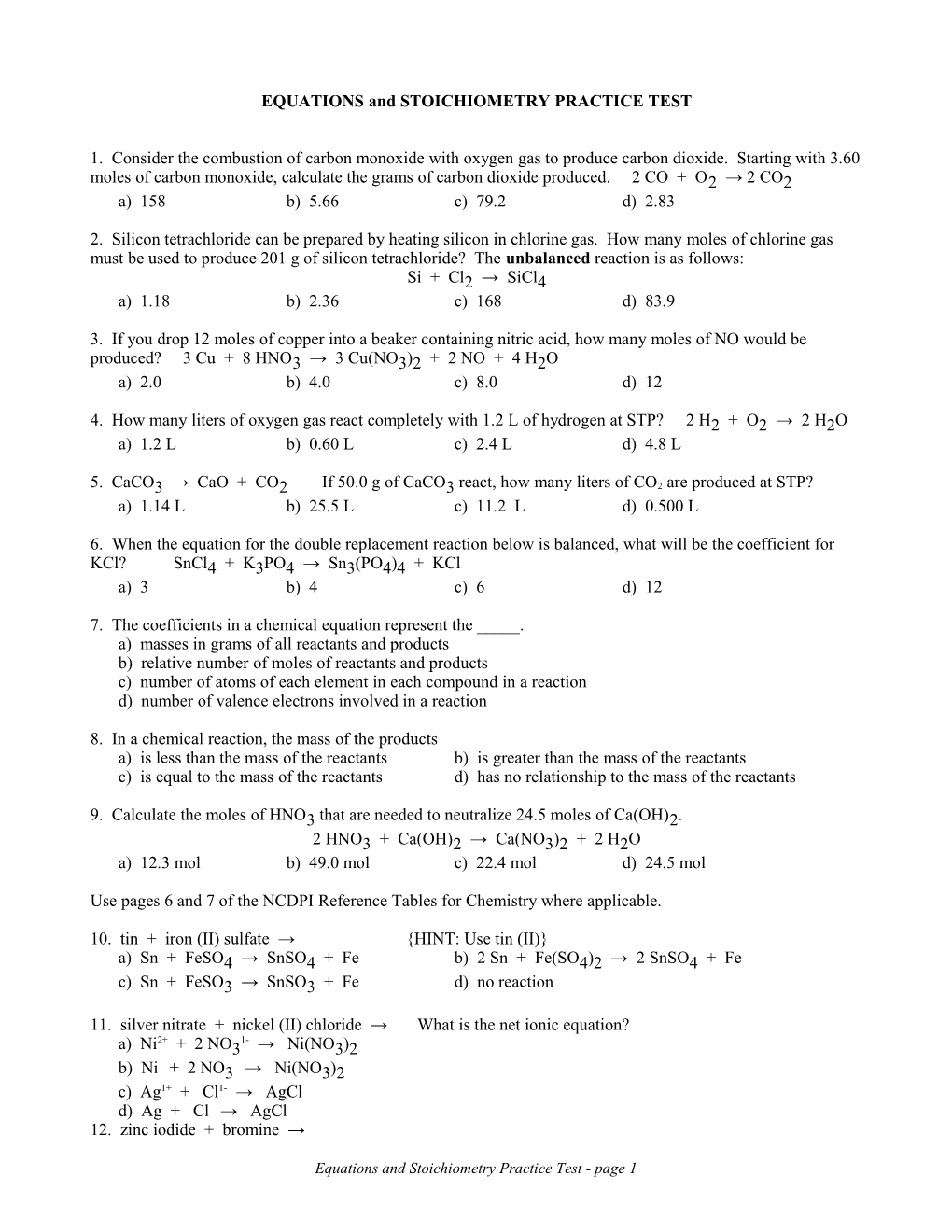 Stoichiometry Practice Test