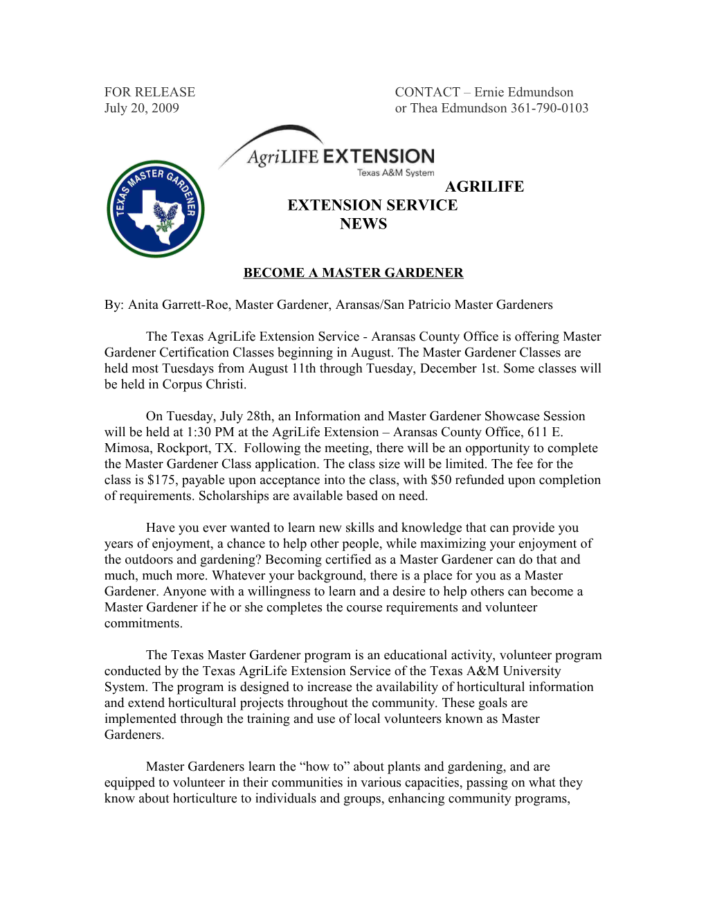 The Aransas County Extension Office Is Offering Master Gardener