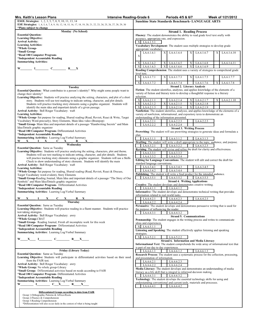 Mrs. Keith S Lesson Plans Intensive Reading-Grade 6 Periods 4/5 & 6/7 Week of 1/21/2012