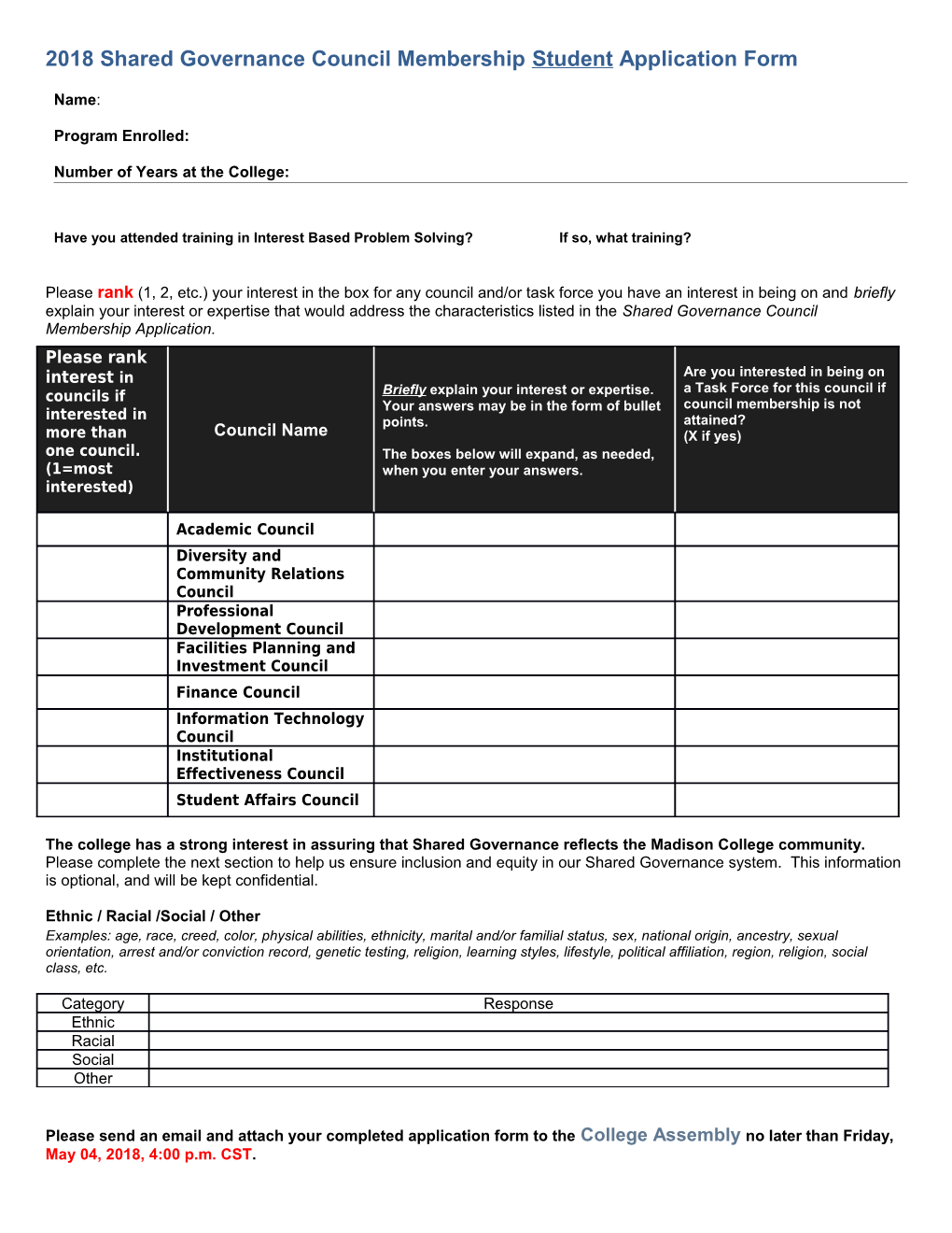 2018 Shared Governance Council Membership Studentapplication Form