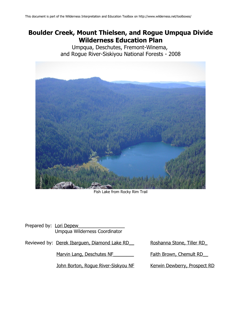 Boulder Creek, Mount Thielsen, and Rogue Umpqua Divide Wilderness Education Plan