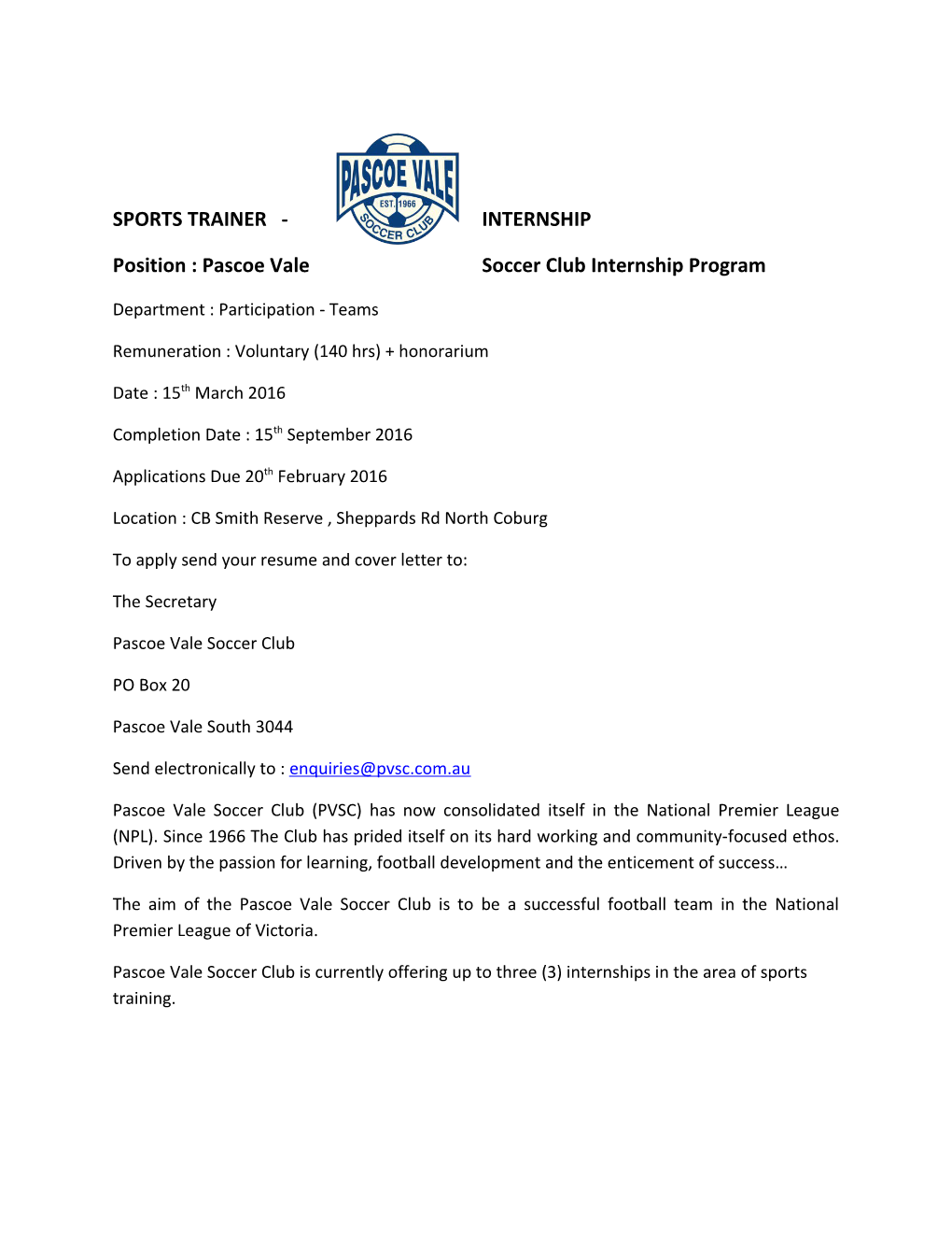 Position : Pascoe Vale Soccer Club Internship Program
