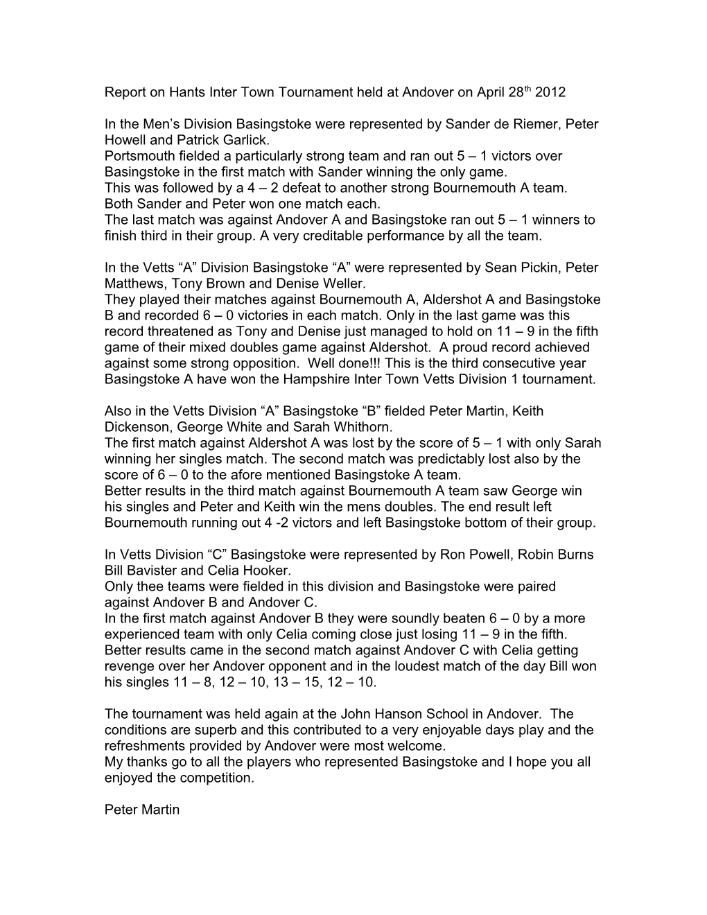 Report on Hants Inter Town Tournament Held at Andover on April 28Th 2012
