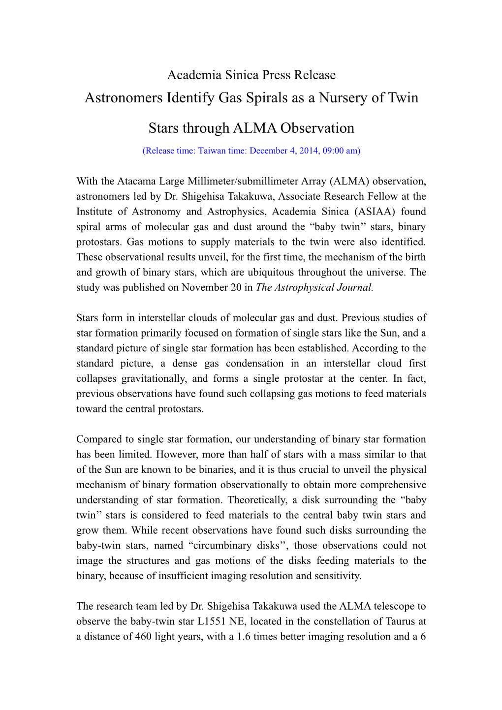 Academia Sinica Press Release