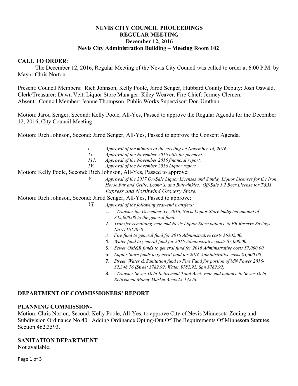 Nevis City Council Proceedings
