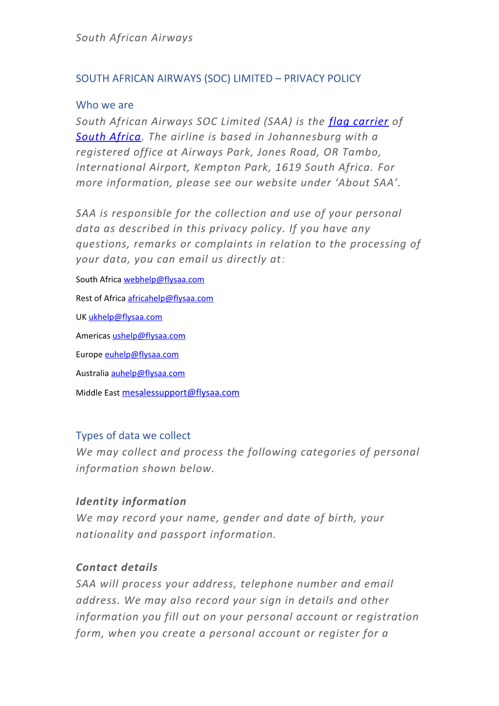 South African Airways (Soc) Limited Privacy Policy