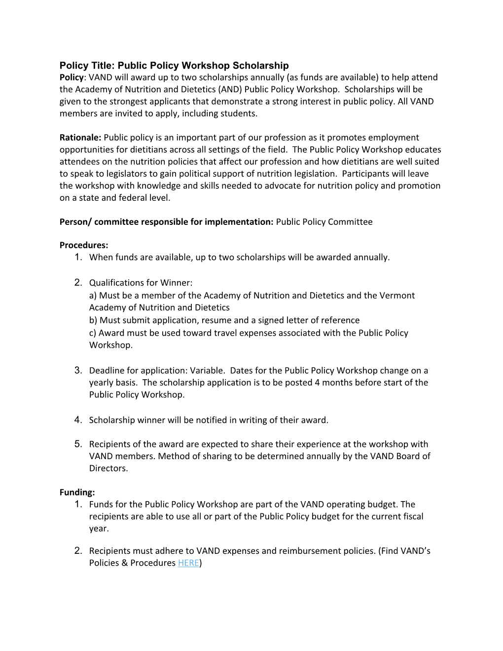 Policytitle: Public Policy Workshop Scholarship