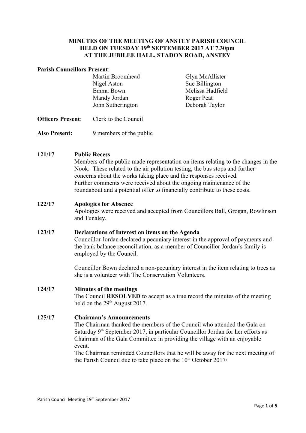 Minutes of Meeting of Anstey Parish Council