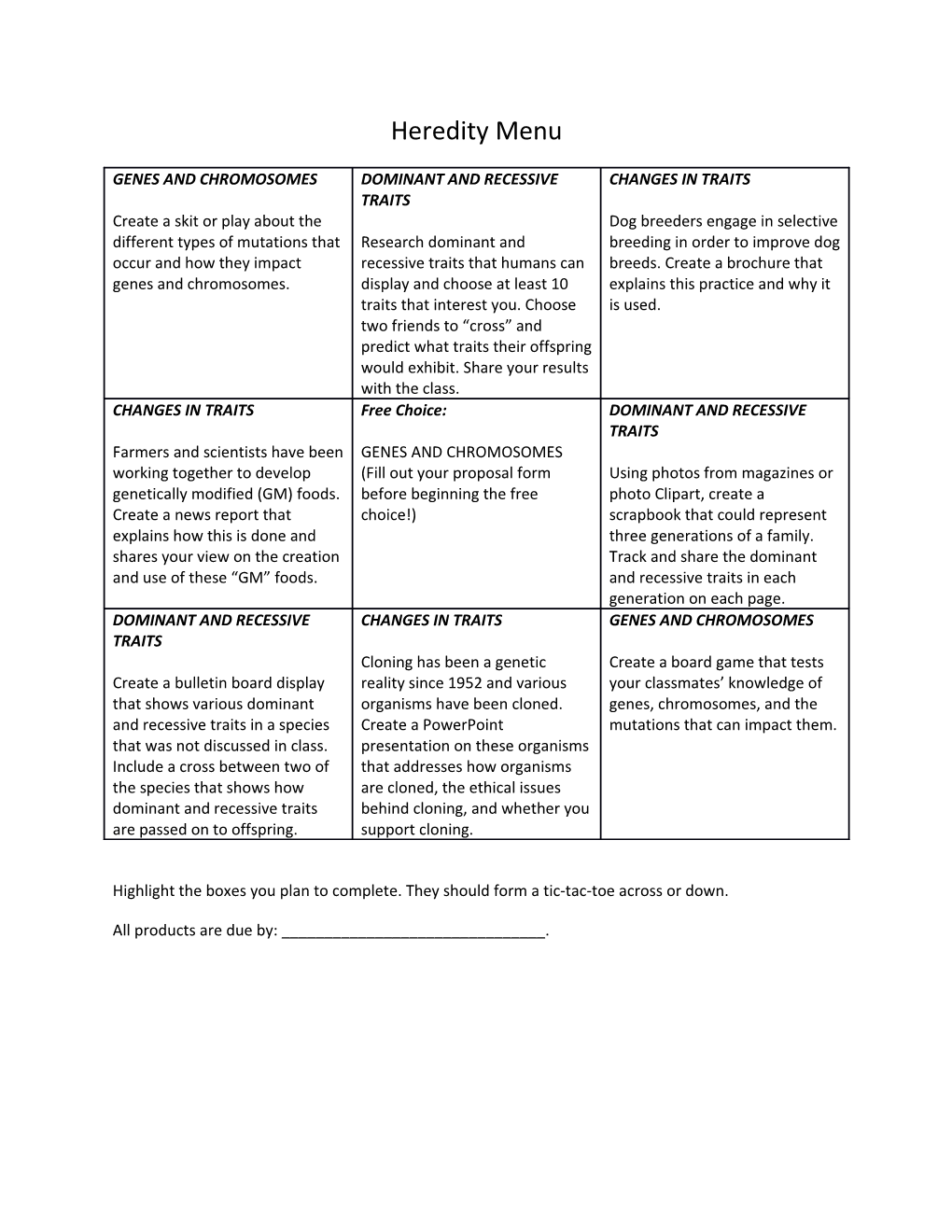 Heredity Menu