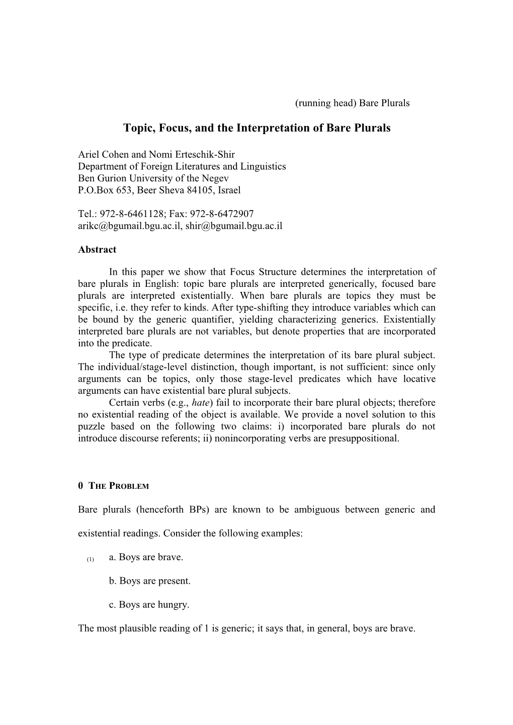 Topic, Focus, and the Interpretation of Bare Plurals