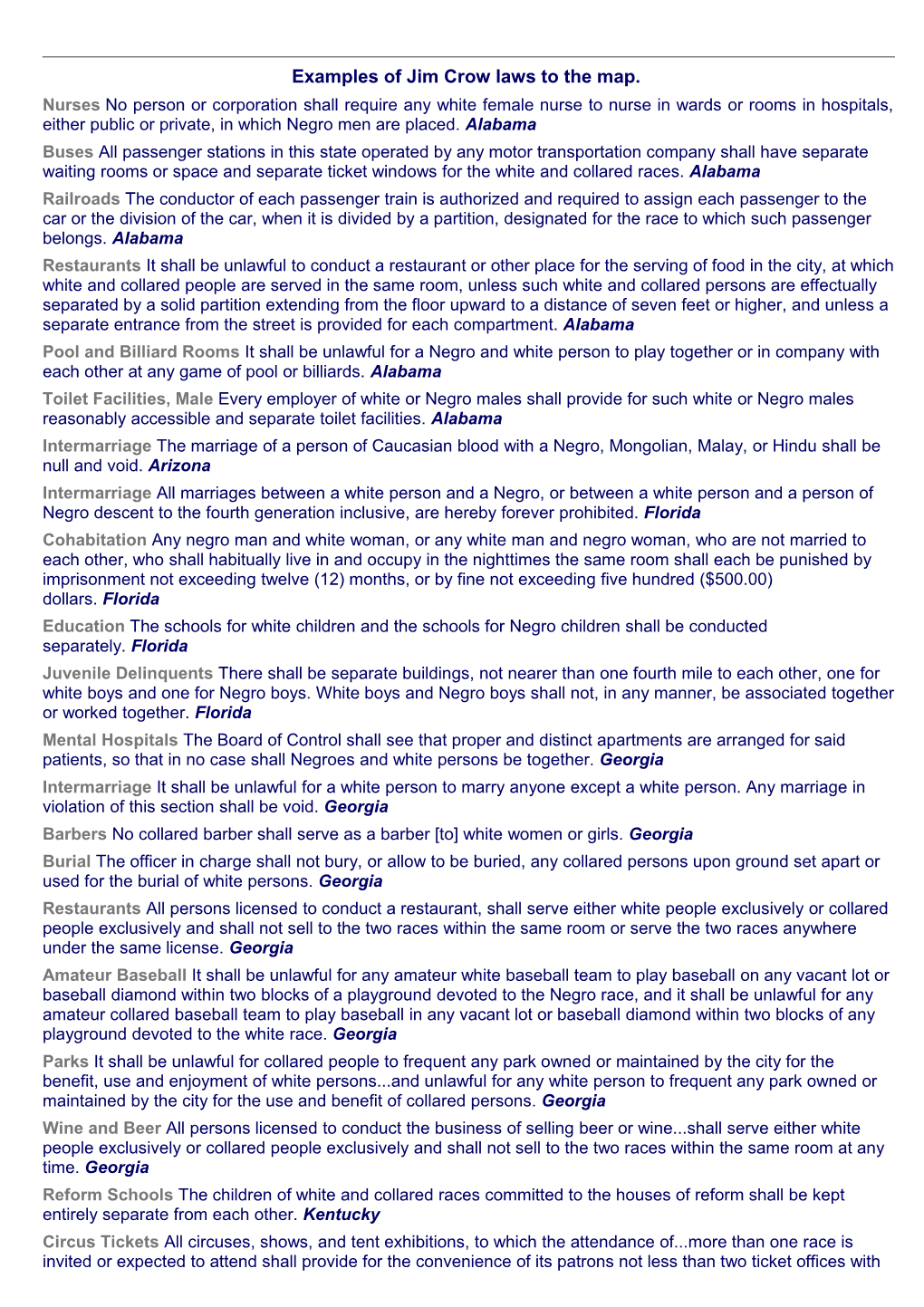 Examples of Jim Crow Laws to the Map